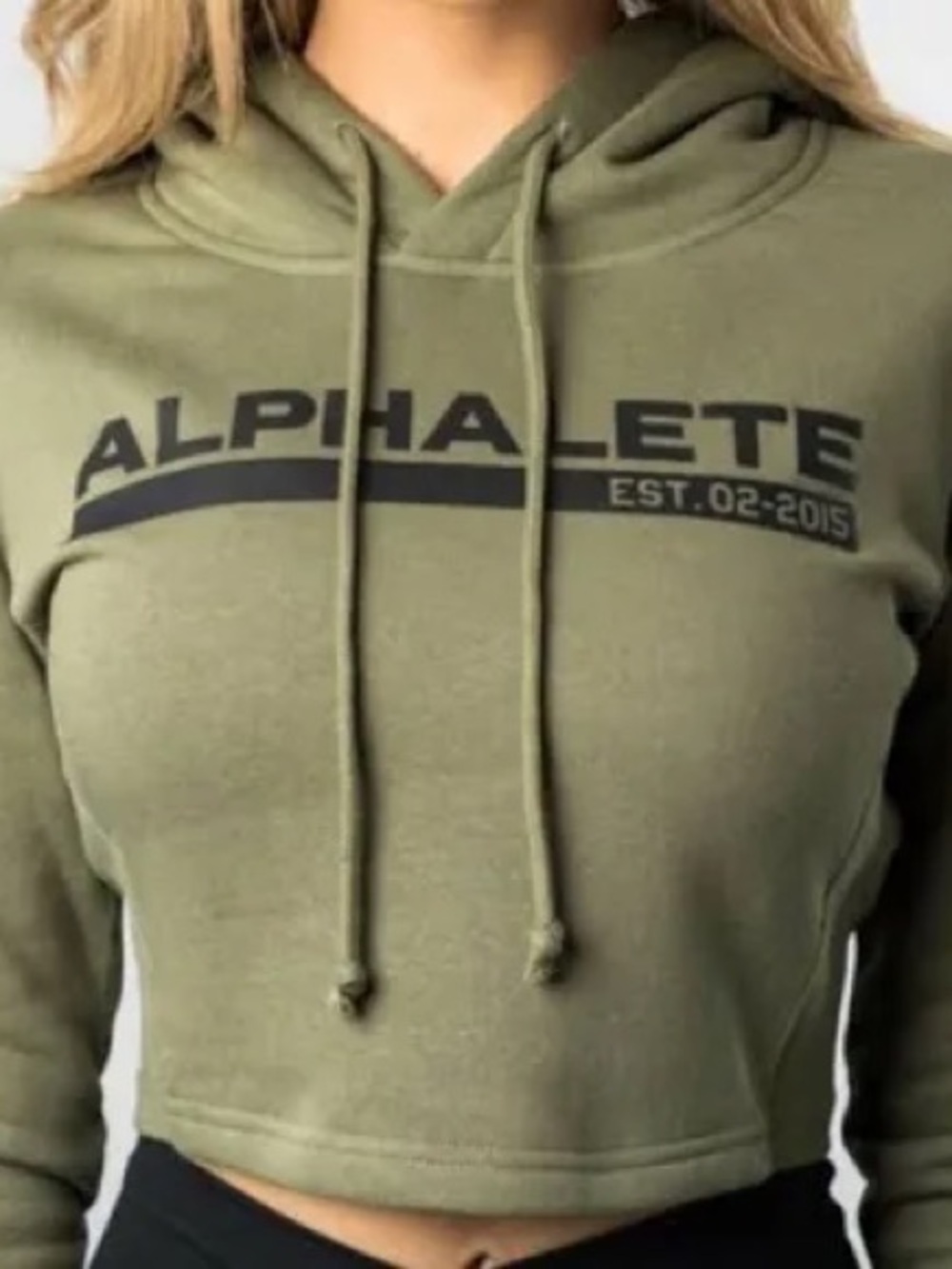 Alphalete Olive Green Cropped Hoodie with Black Logo